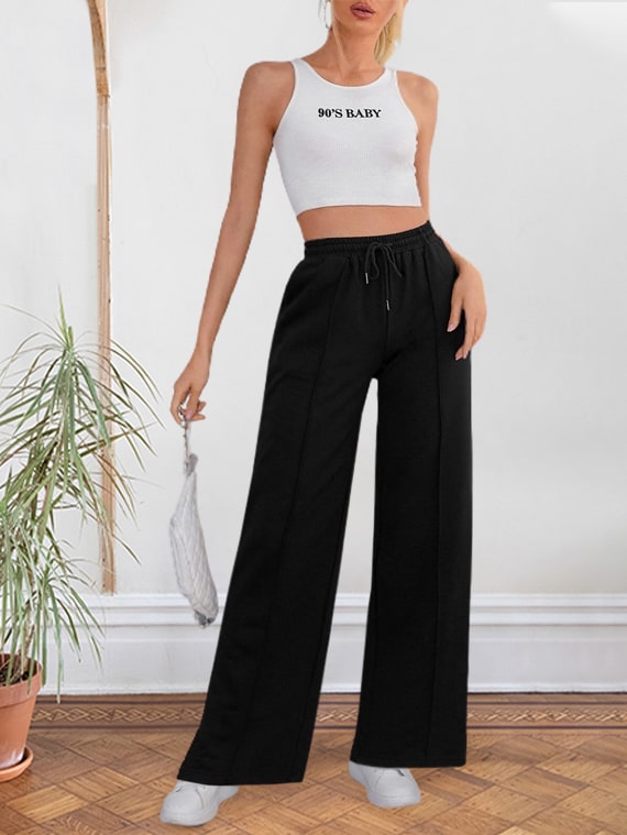 Sport Sweatpants Wide Leg Pants - Black - Nileton